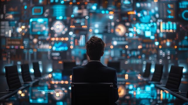 AI ethics consultant analyzing data visualization in high-tech conference room.