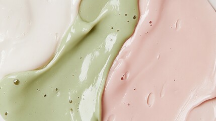 Fototapeta premium A close-up of three smooth, colorful pastes in shades of pink, green, and white.
