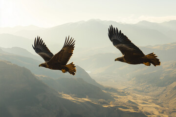 Fototapeta premium A shot of a bald eagle perched on a rocky cliff, overlooking a sweeping mountain range.
