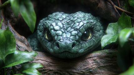 Obraz premium A green snake with large eyes peeks out from behind leafy vines.