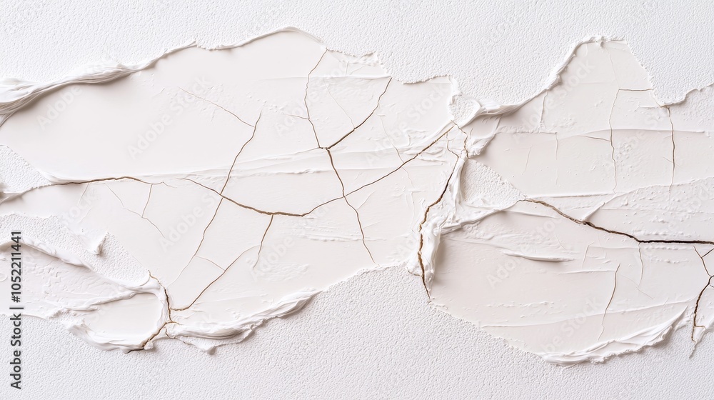 Poster exploring the intricate textures and cracks of a white plaster surface revealing a unique artistic d