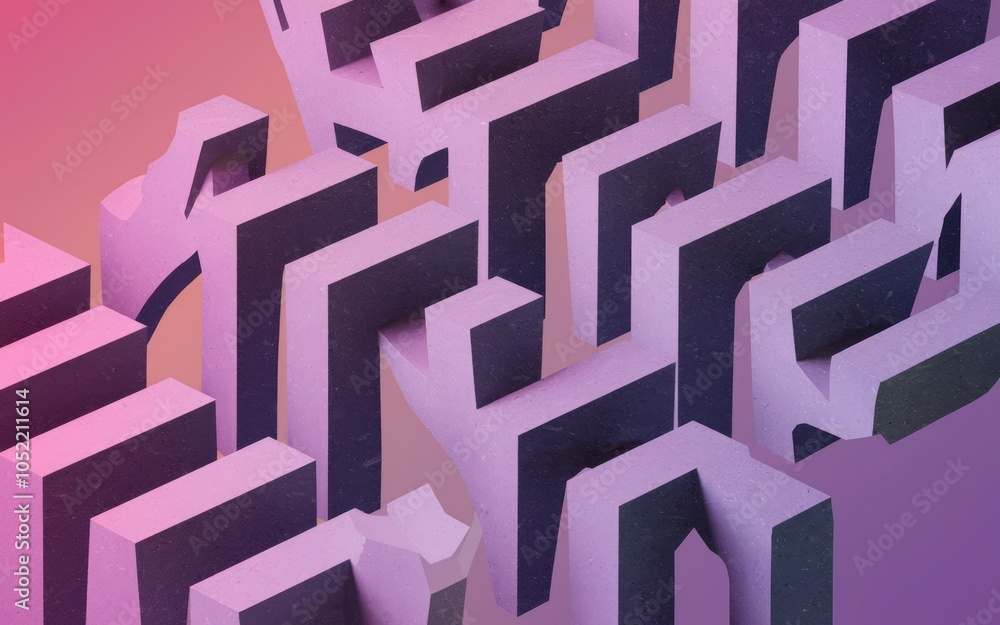 Poster abstract purple blocks design. intricate purple geometric shapes create a complex, almost labyrinthi
