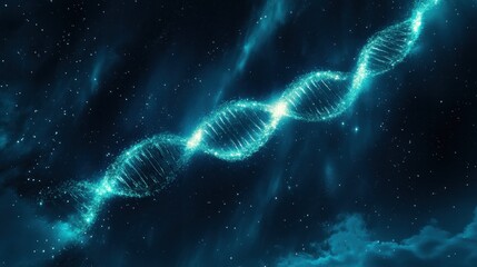 A mesmerizing view of swirling turquoise DNA strands illuminated against a starry night sky, evoking wonder about the universe and life