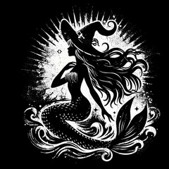 Fototapeta premium A silhouette of a mermaid wearing a witch's hat, framed by swirling waves and celestial elements, creating a mystical, enchanting vibe.