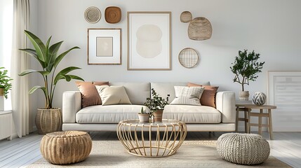 Modern Interior of Stylish Living Room ,Wall Mock Up, Frame , Poster with Beautiful Background, 3d render