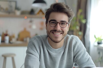 Obraz premium Happy man in glasses at home office video call.