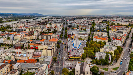 Budapest downtown - drone aerial video of the Hungarian capital. Buda and Danube river at sunrise....