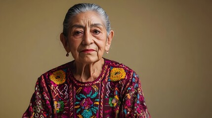 Serene and Elegant Elderly Mexican Woman Dressed in a Flowing Ethnic Blouse Poses Thoughtfully Against a Sage Background with Ample Copy Space Above the Subject