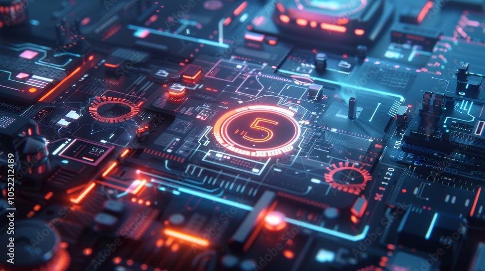 Poster complex electronic circuit board displaying 5g technology, symbolizing advanced data processing and 