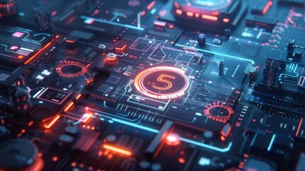 Fototapeta premium Complex electronic circuit board displaying 5g technology, symbolizing advanced data processing and communication in future networks