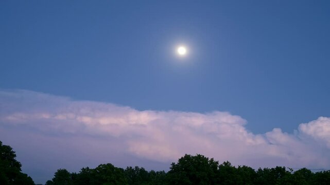 Time lapse of storms clouds above trees, with full moon rising and lighting up the clouds from above