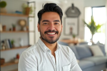 Obraz premium Confident Indian Hispanic man poses for headshot in home office.
