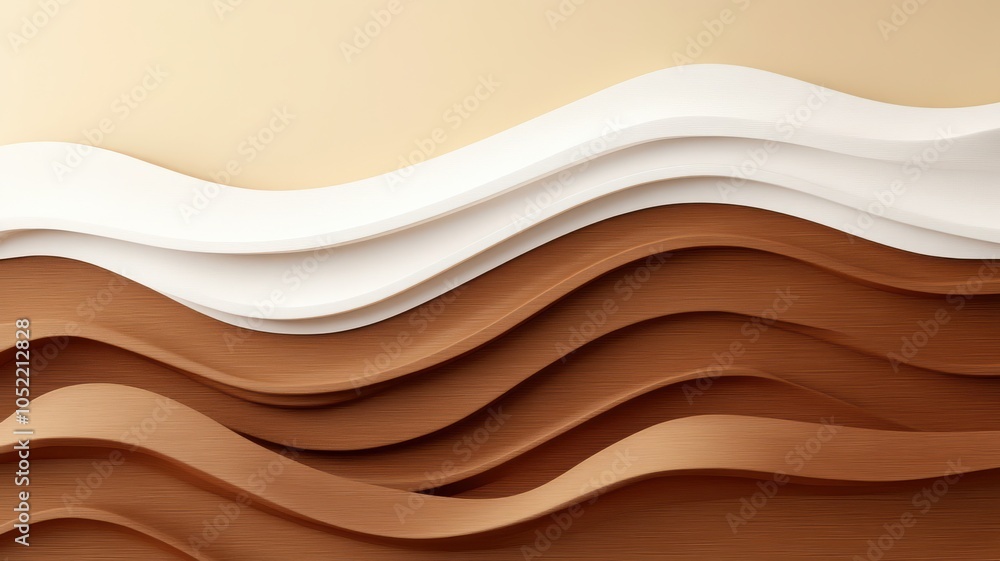 Poster a visually appealing design showcasing layered waves of wood and texture, blending warm tones and sm