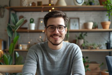Obraz premium Smiling millennial man in glasses on video call at home.