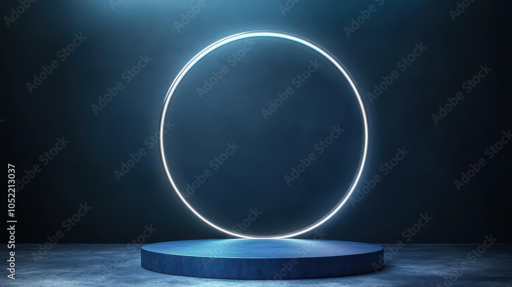 Poster a glowing circular display on a pedestal surrounded by darkness, creating a futuristic and minimalis