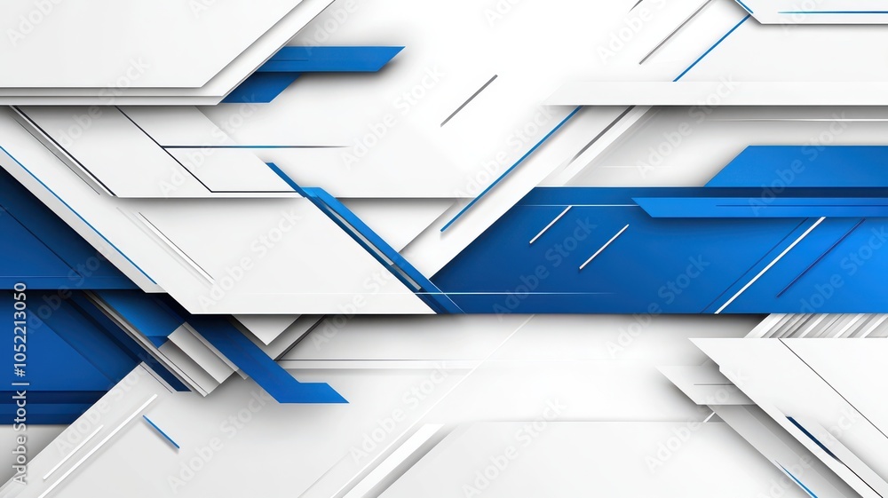 Poster a dynamic abstract composition of blue and white geometric shapes, creating a modern and sleek visua