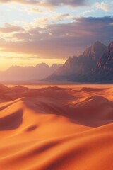 Fototapeta premium Golden sands stretch beneath a vibrant sky as the sun sets over a breathtaking desert landscape with distant mountains
