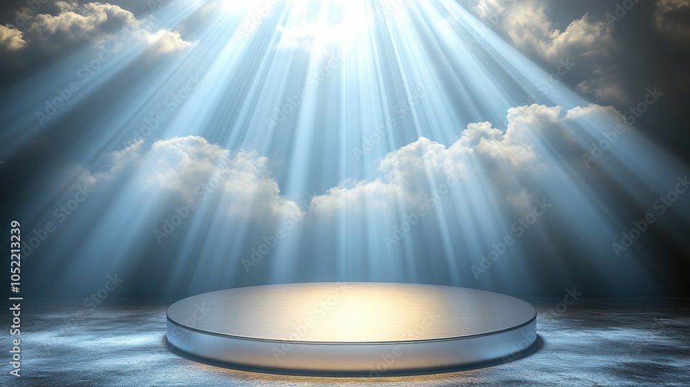 Poster a serene scene with rays of light shining down on a circular platform above a tranquil body of water