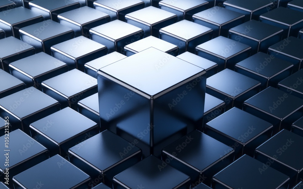 Poster blue cube pattern. metallic blocks, unique design. symbolizes unity, structure, and order.