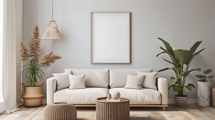 Modern Interior of Stylish Living Room ,Wall Mock Up, Frame , Poster with Beautiful Background, 3d render