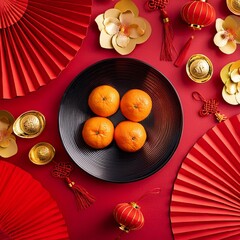 chinese new year flat lay composition with traditional decorations oranges on a black plate red paper fans gold cutouts flowers and red lanterns on red background lunar new year 2025 card