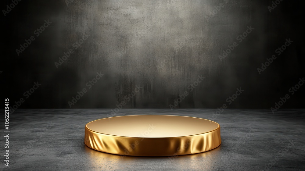 Poster a shiny gold circular podium is displayed on a textured surface, illuminated subtly against a dark b