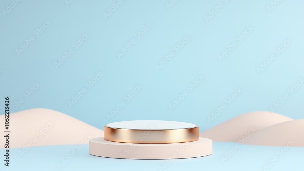 Poster a minimalistic display podium against a soft blue background with curved, sandy shapes, ideal for sh