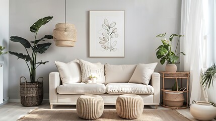 Modern Interior of Stylish Living Room ,Wall Mock Up, Frame , Poster with Beautiful Background, 3d render