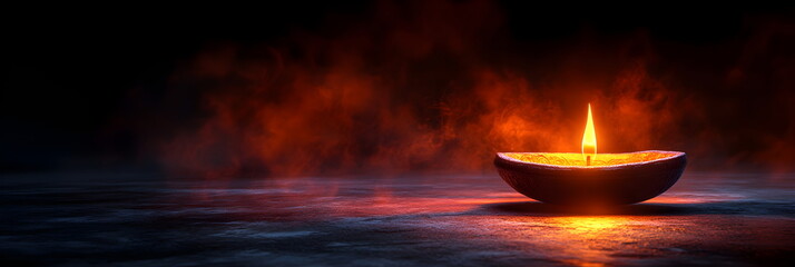 Traditional indian burning lamp and orange flowers. Ethnic decorations for Indian festival of lights Diwali and Pongal. Ugadi, Gudi Padwa. Hindu New Year. Religion concept with copy space