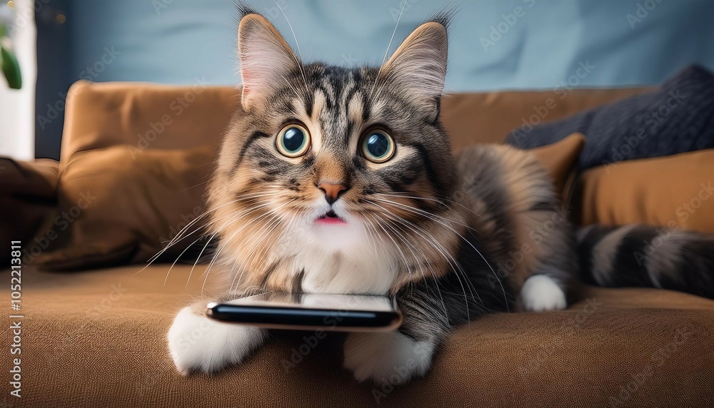 Wall mural curious cat reacts to smartphone usage with surprised expression on cozy couch