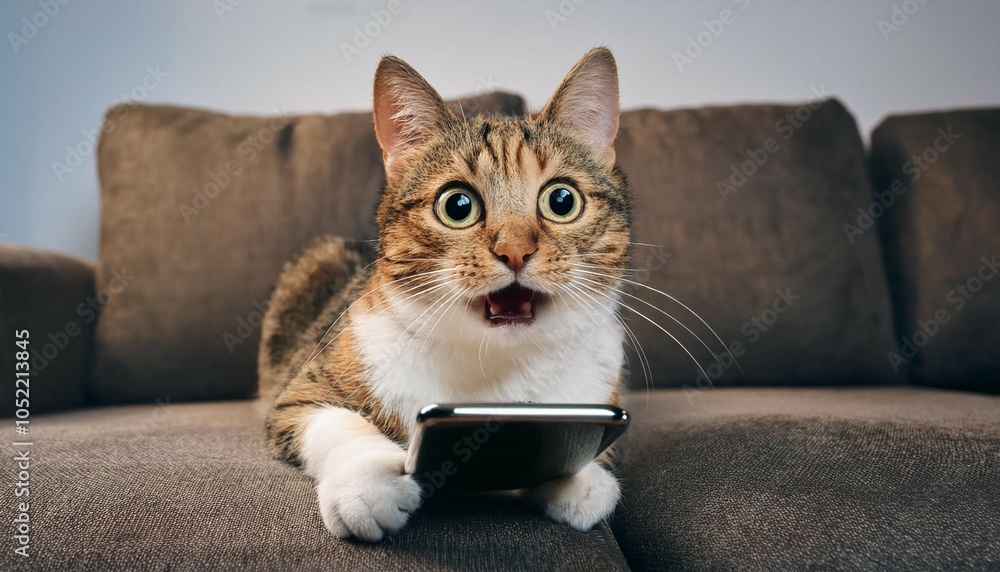 Wall mural curious cat reacts to smartphone usage with surprised expression on cozy couch