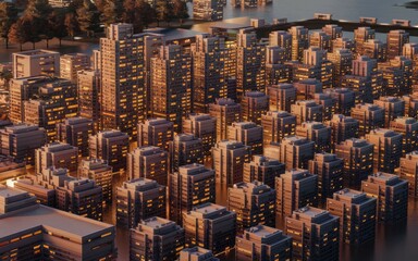 Obraz premium Cityscape at dusk. Urban skyline at sunset, conveying a sense of density and potential vulnerability. Golden hour light bathes the buildings.