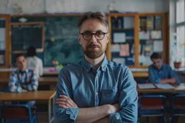 Fototapeta premium Portrait of confident Caucasian male teacher in classroom