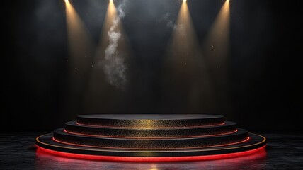 Obraz premium A dramatic, illuminated stage setup featuring multi-tiered platforms, beams of light, and a smoky atmosphere, ideal for performances or presentations.