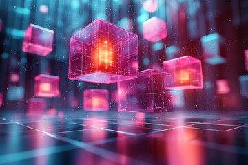 Glowing pink and blue cubes with digital patterns float above a grid.