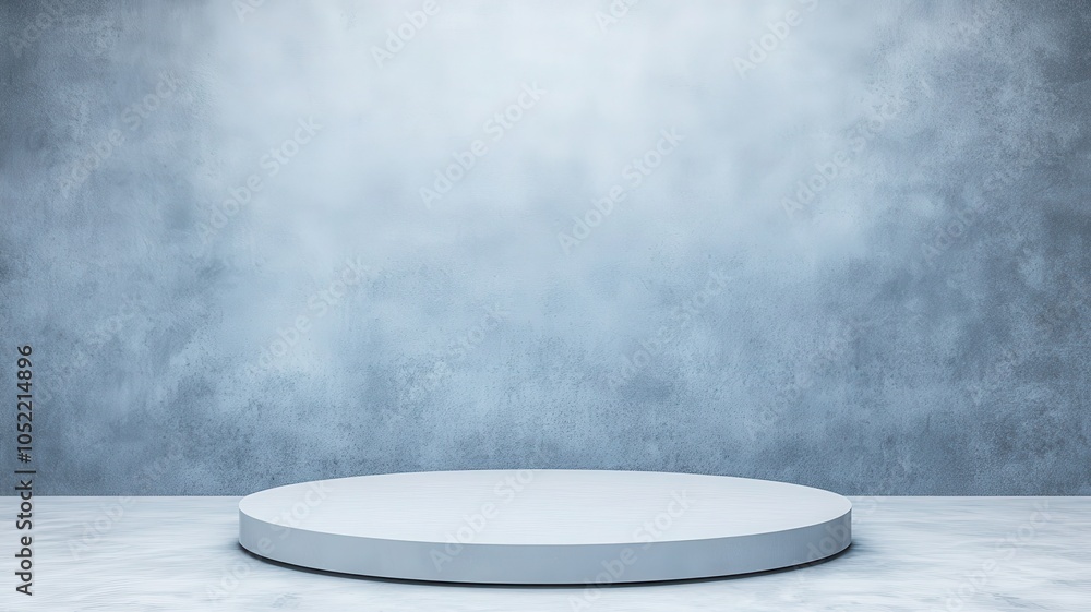 Poster a minimalistic presentation platform set against a textured blue-gray backdrop, illuminated with sof