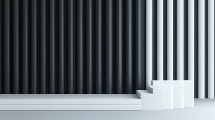A minimalist interior featuring contrasting vertical stripes of black and white, with a simple white step structure.