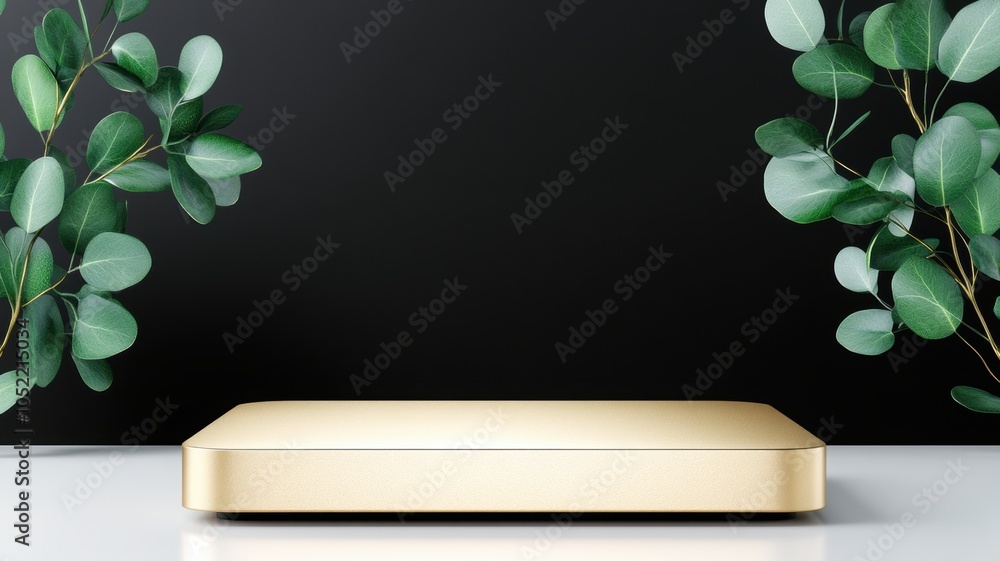 Poster a minimalist setup featuring a golden rectangular object on a white surface, surrounded by green fol