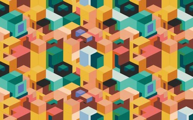 Obraz premium Geometric cube pattern. Vibrant isometric cube design; symbolizes complexity, structure, and modern design. A colorful abstract pattern.