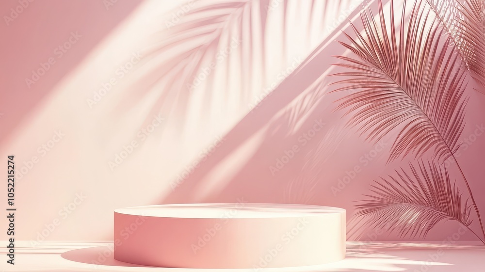 Poster a minimalistic pink scene featuring a circular pedestal and palm leaves casting shadows, creating a 