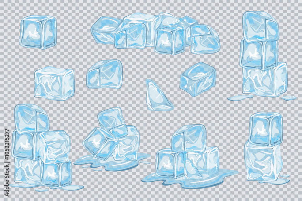 Aufkleber blue ice cubes mega set elements in flat graphic design. collection objects of transparent cooling i