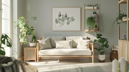 Naklejka premium Modern Interior of Stylish Living Room ,Wall Mock Up, Frame , Poster with Beautiful Background, 3d render