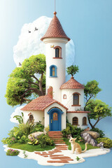 Obraz premium whimsical house surrounded by lush greenery and small animals, featuring charming tower and vibrant colors. This vintage illustration evokes sense of magic and tranquility