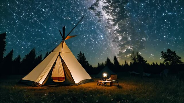 A picturesque scene glamping stars forest featuring cozy teepee tent picnic table captured night evoke serene beauty nature 4K photography sky sunset cloud landscape sun moon light red dusk mountain
