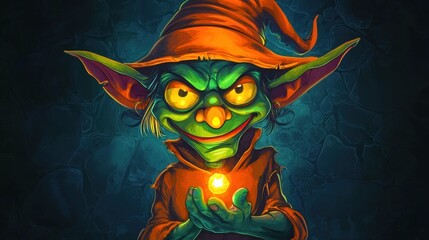 Goblin with a mischievous grin, holding a glowing orb