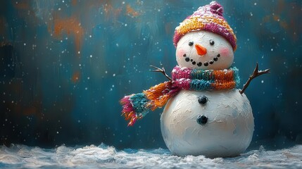 Fototapeta premium jolly snowman adorned with a colorful scarf, cheerfully positioned against a bright blue background, radiating a sense of joy and whimsy, inviting smiles and warmth during winter festivities