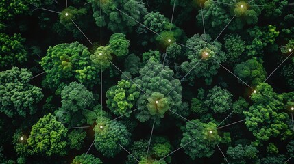Aerial view of lush green forest with network of glowing connection points.