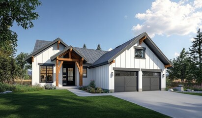 3D rendering of a house with a gable roof and garage, white walls, wooden beams on the facade, gray metal tiles, and green trees around.