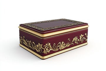 dark red and gold classic wooden box shiny with with intricate floral carvings on white background 