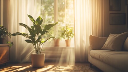A bright and sunbathed living room with green plants and a beige couch, creating a comfortable and peaceful environment.